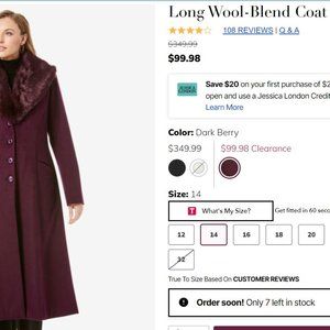 BRAND NEW! Jessica London Plum Plus (22W) coat with faux fur collar
